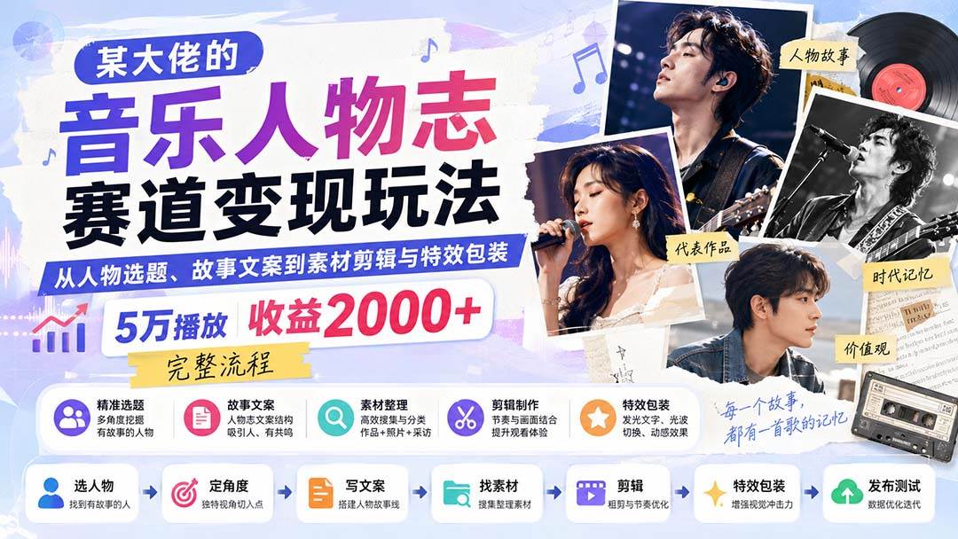 （20121期）某大佬的音乐人物志赛道变现玩法：从人物选题、故事文案到素材剪辑与特效包装，5万播放收益2000+完整流程-小白项目网