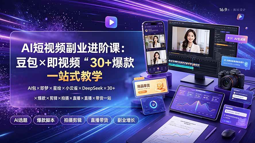 （19458期）AI短视频副业进阶课：豆包×即梦×星绘×小云雀×DeepSeek×30+爆款×剪辑×拍摄×直播×带货一站式教学-小白项目网