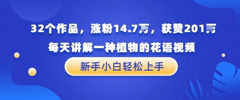32个作品,涨粉14.7W,获赞201W,每天讲解一种植物的花语视频,无需任何技巧,新手小白轻松上手