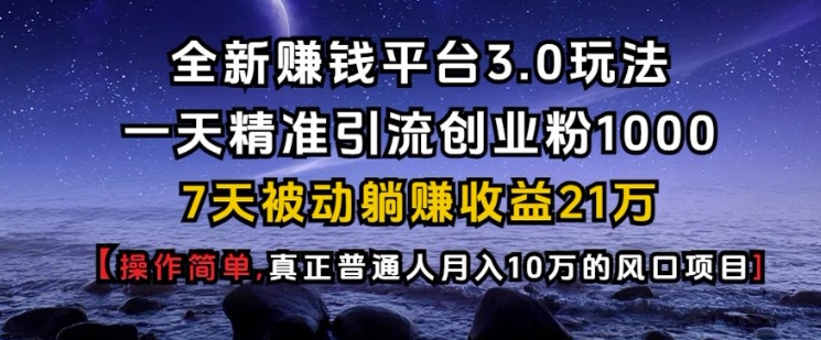 全新赚钱平台3.0玩法一天精准引流创业粉1000.7天被动躺Z收益21W【仅揭秘】-小白项目网