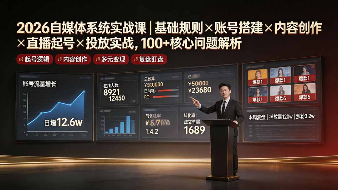 2026自媒体系统实战课|基础规则×账号搭建×内容创作×直播起号×投放实战,100+核心问题解析-小白项目网