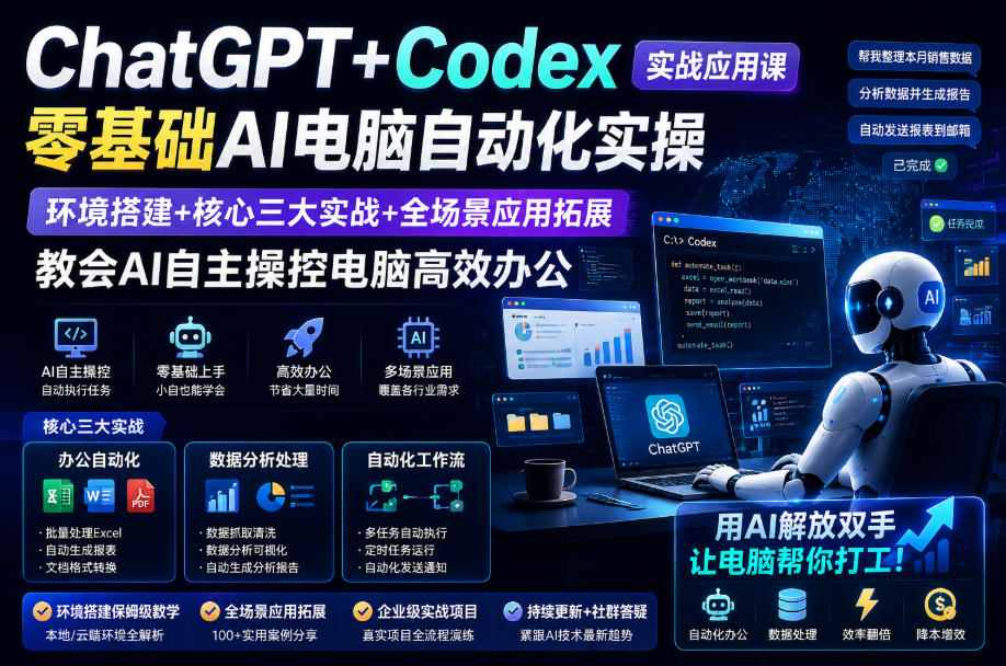 ChatGPT+Codex实战应用课｜零基础AI电脑自动化实操，环境搭建+核心三大实战+全场景应用拓展，教会AI自主操控电脑高效办公-小白项目网