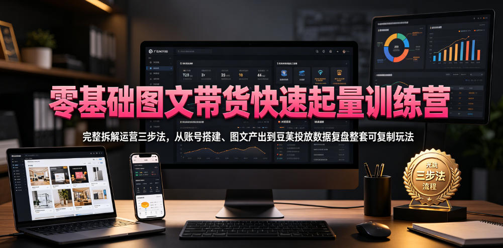 零基础图文带货快速起量训练营，完整拆解运营三步法，从账号搭建、图文产出到豆荚投放数据复盘整套可复制玩法-小白项目网