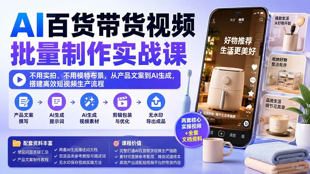 （20179期）AI百货带货视频批量制作实战课：不用实拍、不用模特布景，从产品文案到AI生成，搭建高效短视频生产流程-小白项目网