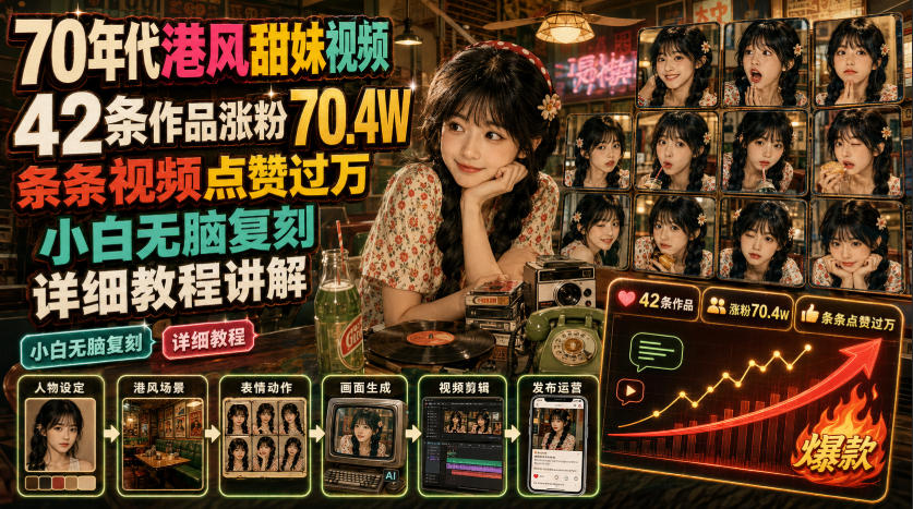 70年代港风甜妹视频,42条作品涨粉70.4W,条条视频点赞过万,小白无脑复刻,详细教程讲解-小白项目网