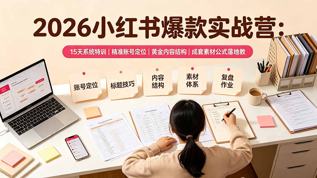 2026小红书爆款实战营:15天系统特训|精准账号定位|黄金内容结构|成套素材公式落地教程-小白项目网