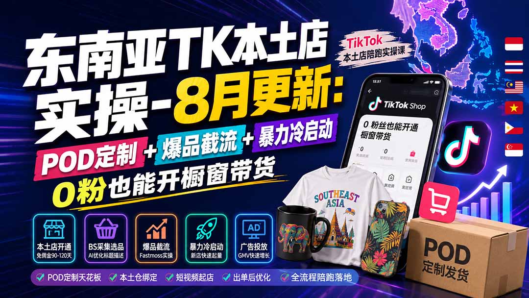 东南亚TK本土店实操-8月更新：POD定制+爆品截流+暴力冷启动，0粉也能开橱窗带货-小白项目网