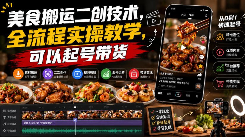 美食搬运二创技术，全流程实操教学，可以起号带货-小白项目网