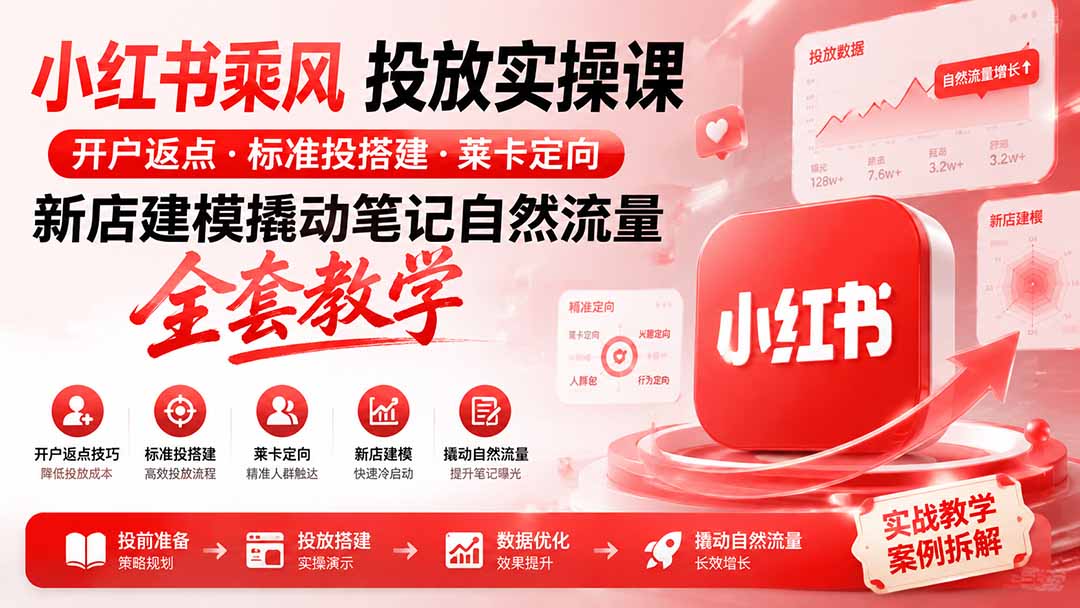 小红书乘风投放-100分钟实操课｜开户返点·标准投搭建·莱卡定向，新店建模撬动笔记自然流量全套教学-小白项目网