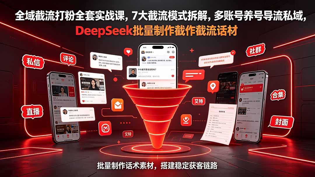 全域截流打粉全套实战课，7大截流模式拆解，多账号养号导流私域，DeepSeek批量制作截流话术素材-小白项目网