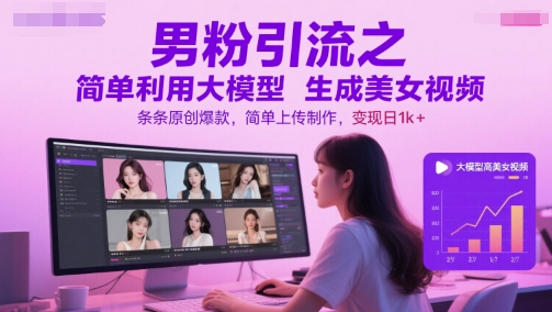 男粉引流之简单利用大模型生成美女视频，条条原创爆款，简单上传制作，变现日1k+ - 小白项目网-小白项目网