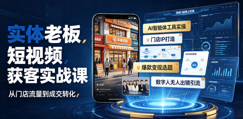 实体老板短视频获客实战课|AI智能体工具全套实操、门店IP打造、爆款变现选题、数字人无人出镜引流完整教程-小白项目网