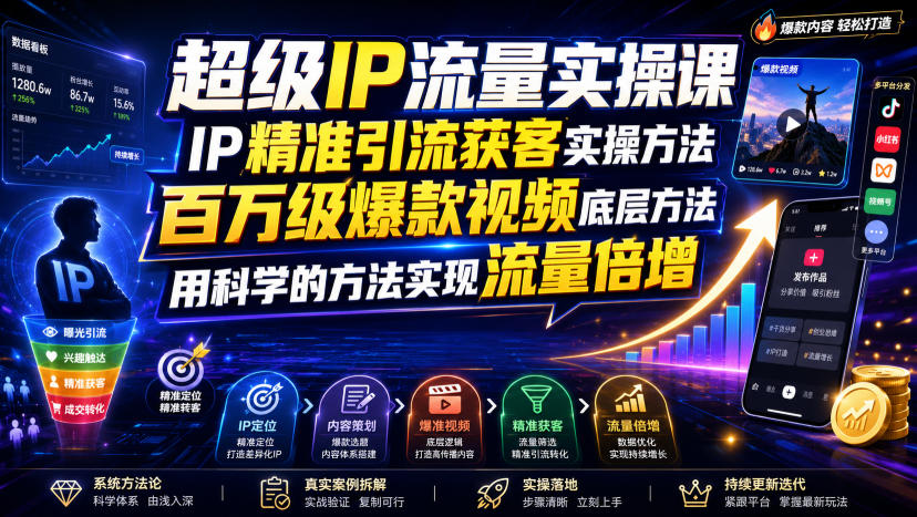 超级IP流量实操课，IP精准引流获客实操方法，百万级爆款视频底层方法，用科学的方法实现流量倍增-小白项目网