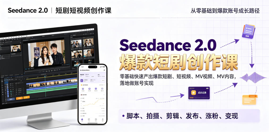 Seedance 2.0短剧短视频创作课，零基础快速产出爆款短剧、短视频、MV内容，落地做账号实现变现-小白项目网