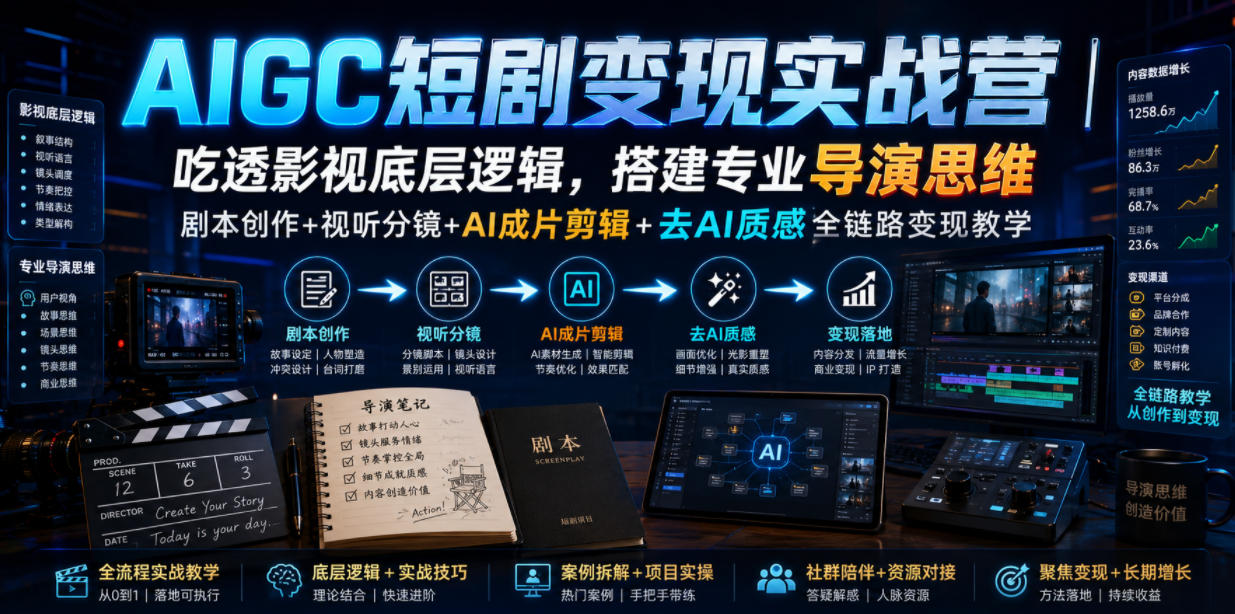 AIGC短剧变现实战营｜吃透影视底层逻辑，搭建专业导演思维，剧本创作+视听分镜+AI成片剪辑+去AI质感全链路变现教学-小白项目网