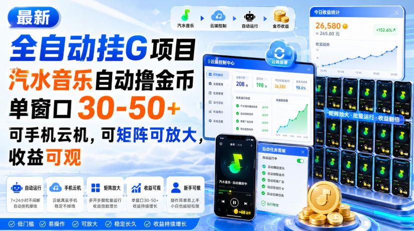 最新全自动挂G项目，汽水音乐自动撸金币单窗口30-50+，可手机云机，可矩阵可放大，收益可观-小白项目网
