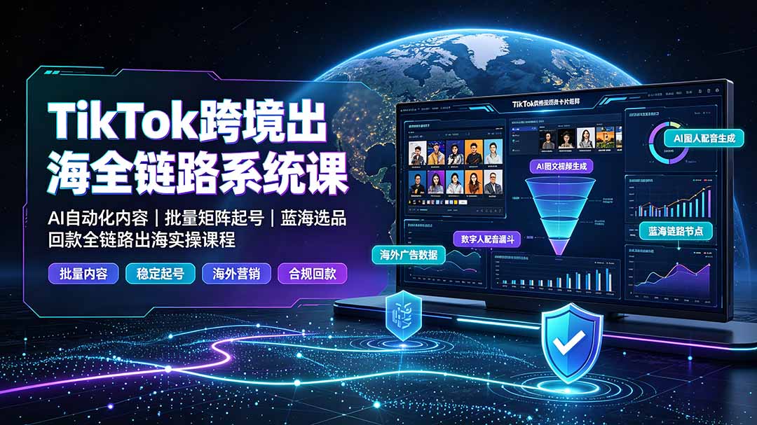 TikTok跨境出海全链路系统课-2026年7月：AI自动化内容｜批量矩阵起号｜蓝海选品回款全链路出海实操课程-小白项目网