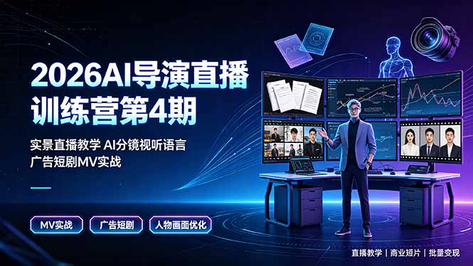 2026AI导演直播训练营第4期，实景直播教学AI分镜视听语言，广告短剧MV实战，解决人物画面崩坏痛点-小白项目网