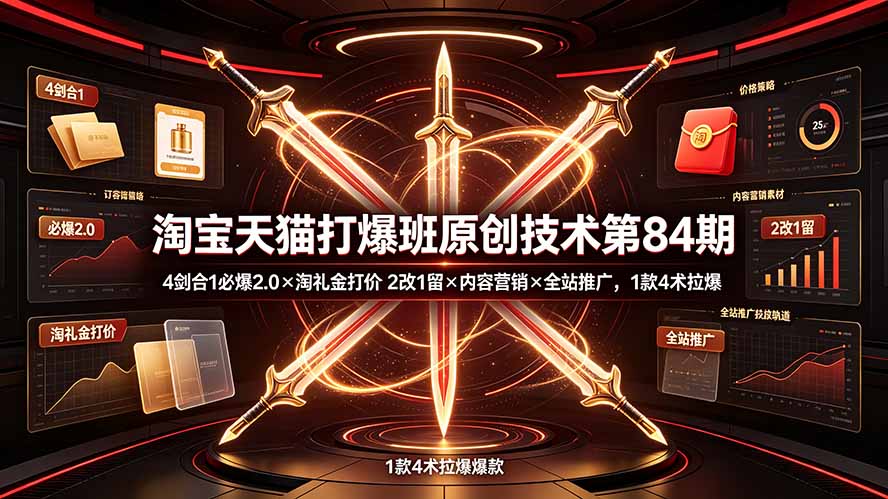 淘宝天猫打爆班原创技术第84期：4剑合1必爆2.0×淘礼金打价×2改1留×内容营销×全站推广，1款4术拉爆-小白项目网