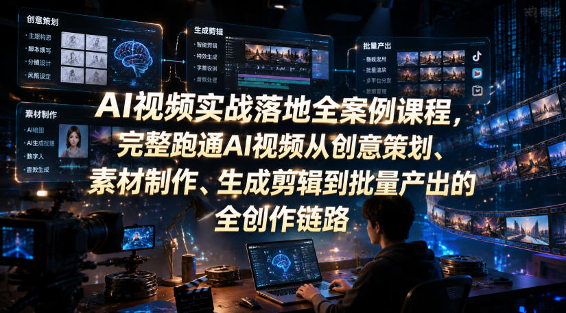 AI视频实战落地全案例课程，完整跑通AI视频从创意策划、素材制作、生成剪辑到批量产出的全创作链路-小白项目网
