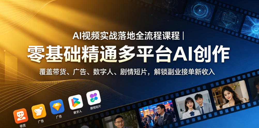 AI视频实战落地全流程课程|零基础精通多平台AI创作,覆盖带货、广告、数字人、剧情短片,解锁副业接单新收入-小白项目网