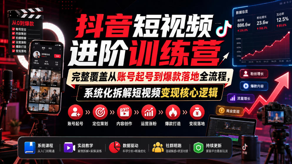 抖音短视频进阶训练营,完整覆盖从账号起号到爆款落地全流程,系统化拆解短视频变现核心逻辑-小白项目网