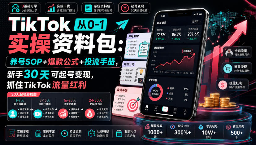 TikTok从0-1实操资料包：养号SOP+爆款公式+投流手册，新手30天可起号变现，抓住TikTok流量红利-小白项目网