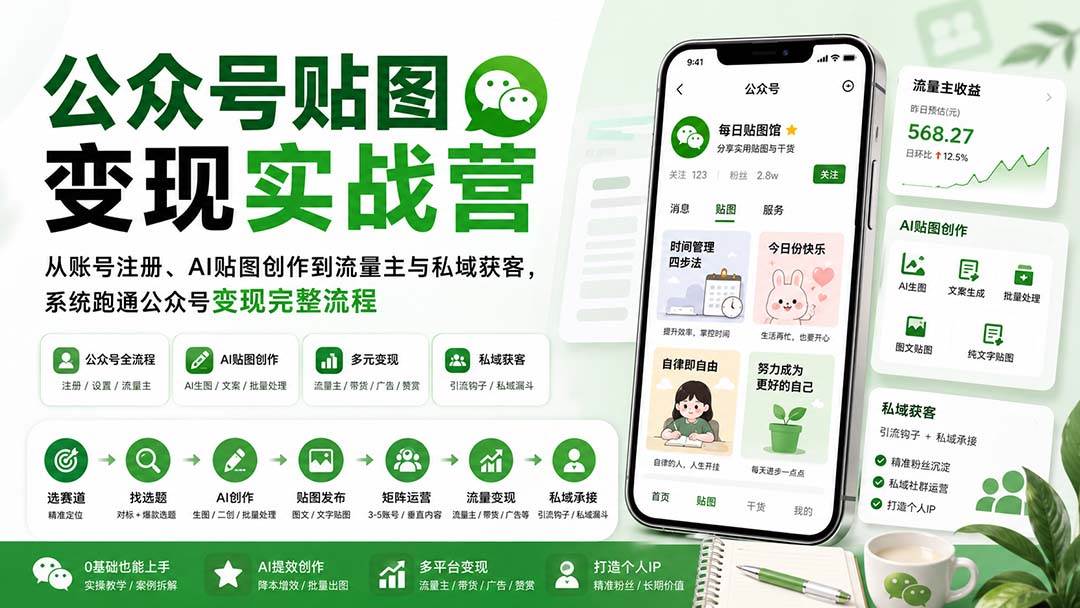 （20120期）公众号贴图变现实战营：从账号注册、AI贴图创作到流量主与私域获客，系统跑通公众号变现完整流程-小白项目网