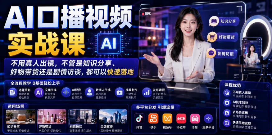 AI口播视频实战课，不用真人出镜，不管是知识分享、好物带货还是剧情访谈，都可以快速落地-小白项目网
