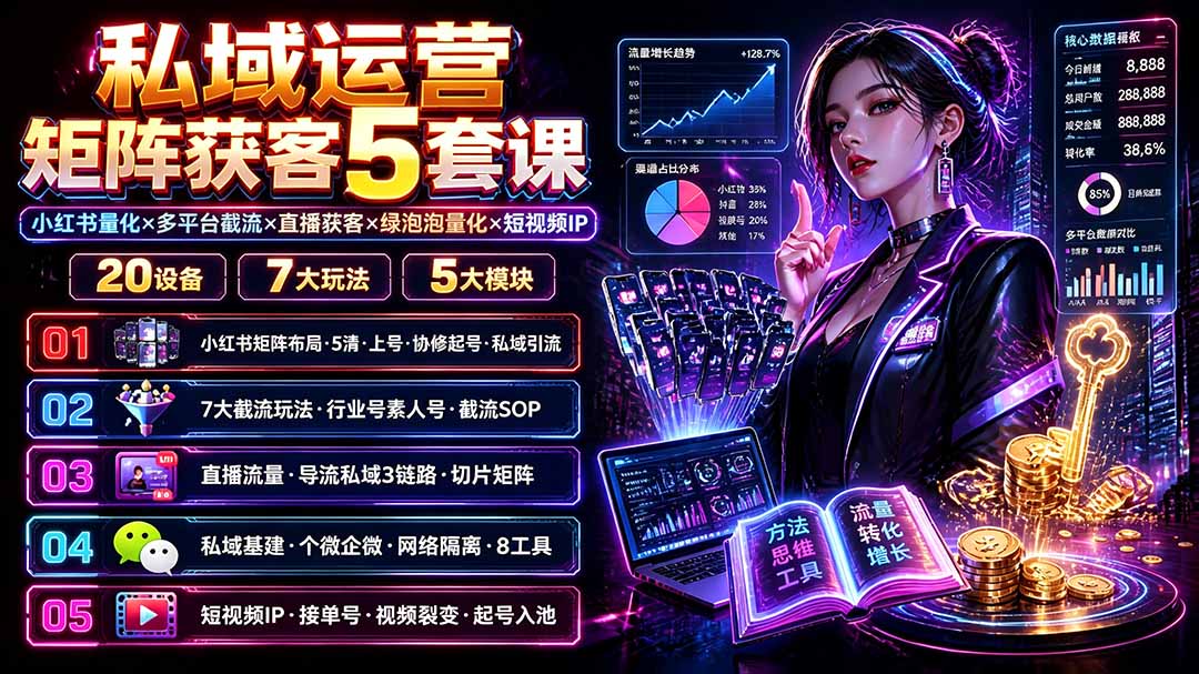 私域运营矩阵获客5套课：小红书量化×多平台截流×直播获客×绿泡泡量化×短视频IP×20设备×7大玩法-小白项目网