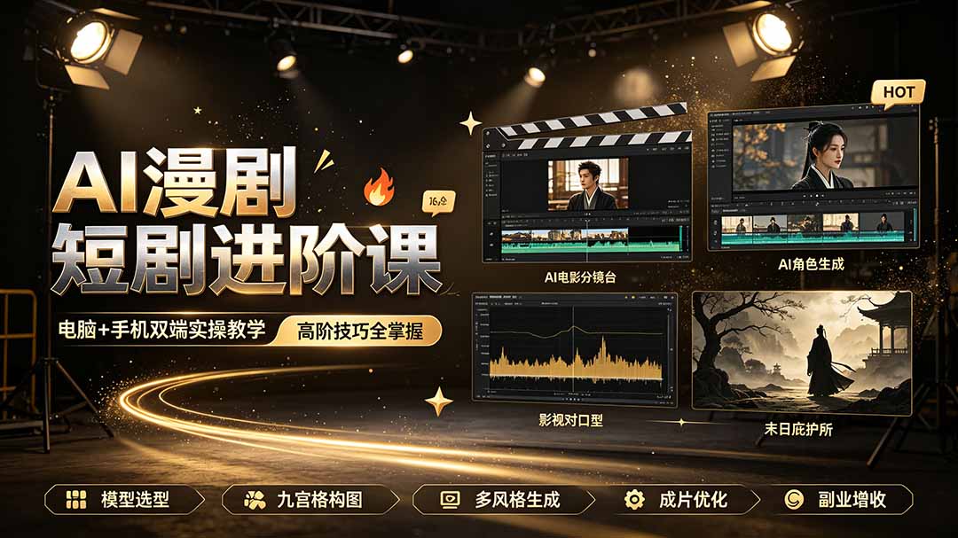 AI漫剧短剧进阶课|电脑+手机双端实操教学|影视剧对口型人物吃瓜×解压末日庇护所全程讲解,高阶技巧全掌握-小白项目网