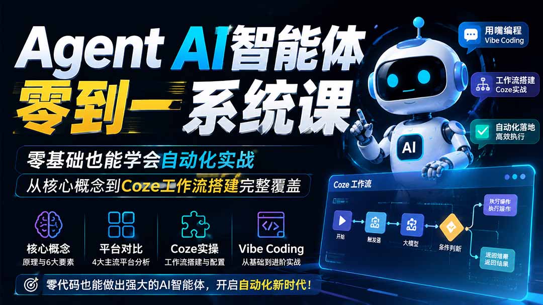 Agent AI智能体零到一系统课；零基础也能学会自动化实战，从核心概念到Coze工作流搭建完整覆盖-小白项目网
