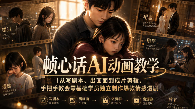帧心话AI动画教学｜从写剧本、出画面到成片剪辑，手把手教会零基础学员独立制作爆款情感漫剧-小白项目网