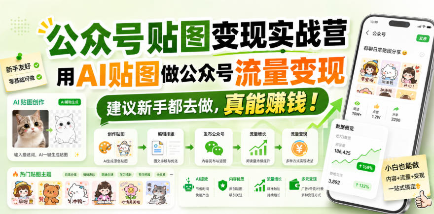 公众号贴图变现实战营，用AI贴图做公众号流量变现，建议新手都去做，真能賺钱！-小白项目网