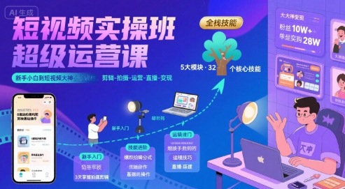 短视频实操班超级运营课，新手小白到短视频大神必修课程，剪辑-拍摄-运营-直播-变现-小白项目网