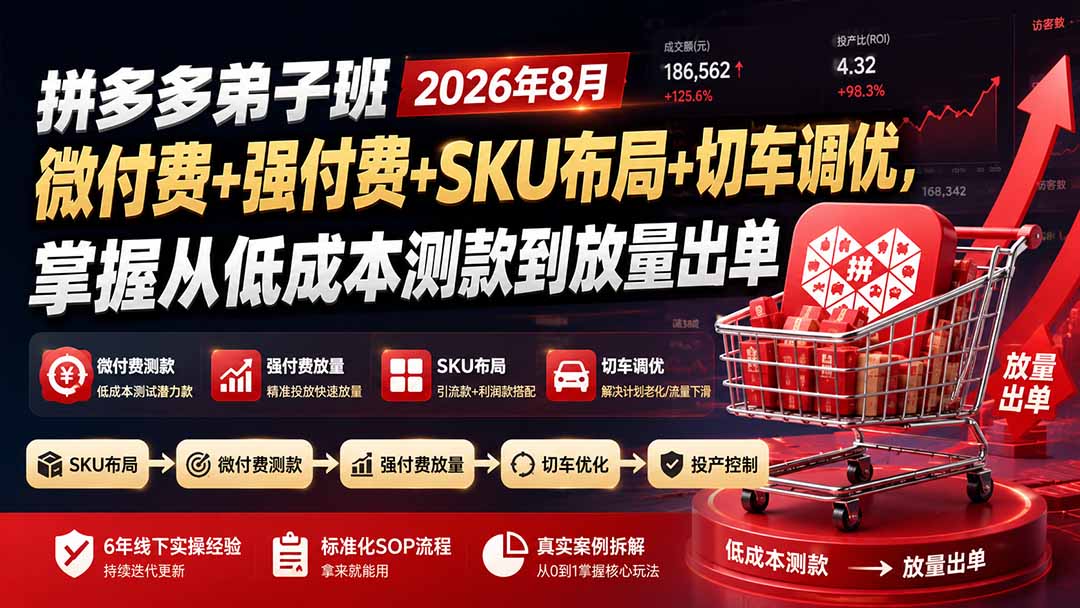 拼多多弟子班2026年8月：微付费+强付费+SKU布局+切车调优，掌握从低成本测款到放量出单-小白项目网