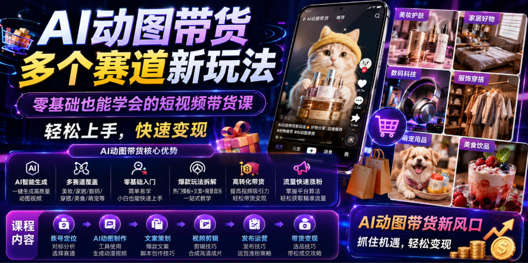 AI动图带货多个赛道新玩法，零基础也能学会的短视频带货课，轻松上手，快速变现-小白项目网