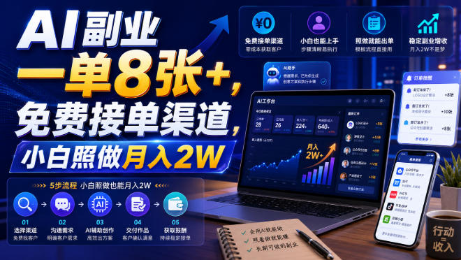 AI副业一单8张+，免费接单渠道，小白照做月入2W【揭秘】-小白项目网