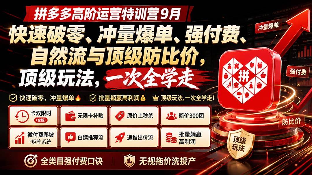 （20155期）拼多多高阶运营特训营9月：快速破零、冲量爆单、强付费、自然流与顶级防比价， 顶级玩法，一次全学走-小白项目网