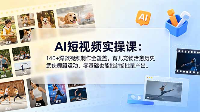 AI短视频实操课：140+爆款视频制作全覆盖，育儿宠物治愈历史武侠舞蹈运动，零基础也能批量产出-小白项目网