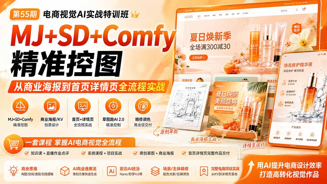 电商视觉 AI实战训练营第55期：MJ+SD+Comfy精准控图，从商业海报到首页详情页全流程实战-小白项目网