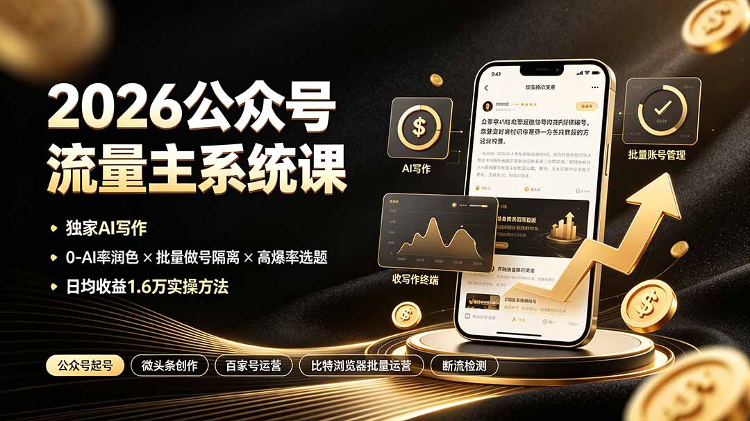 2026公众号流量主系统课：独家AI写作×0-AI率润色×批量做号隔离×高爆率选题，日均收益1.6万实操方法-小白项目网