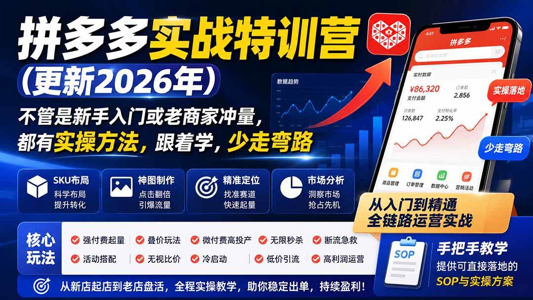 （20158期）拼多多实战特训营(更新26年0831)：不管是新手入门或老商家冲量，都有实操方法，跟着学，少走弯路-小白项目网