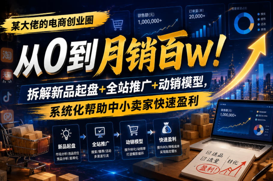 某大佬的电商创业圈从0到月销百W!拆解新品起盘+全站推广+动销模型,系统化帮助中小卖家快速盈利-小白项目网