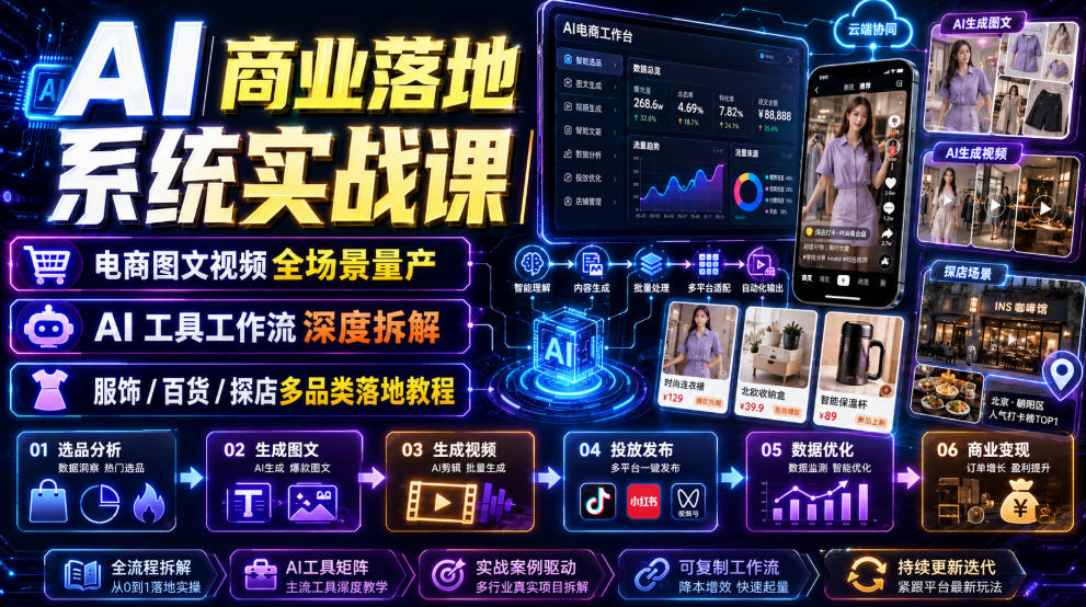 AI商业落地系统实战课｜电商图文视频全场景量产・AI工具工作流深度拆解・服饰/百货/探店多品类落地教程-小白项目网