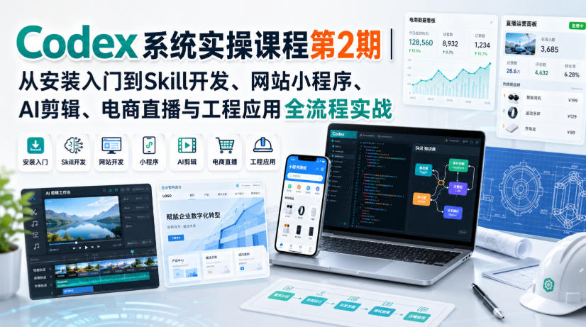 Codex系统实操课程第2期｜从安装入门到Skill开发、网站小程序、AI剪辑、电商直播与工程应用全流程实战-小白项目网