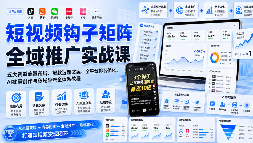 短视频钩子矩阵全域推广实战课｜五大赛道流量布局、爆款选题文案、全平台排名优化、AI批量创作与私域导流全体系教程-小白项目网