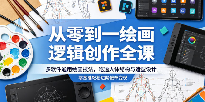 从零到一绘画逻辑创作全课，多软件通用绘画技法，吃透人体结构与造型设计，零基础轻松进阶接单变现-小白项目网