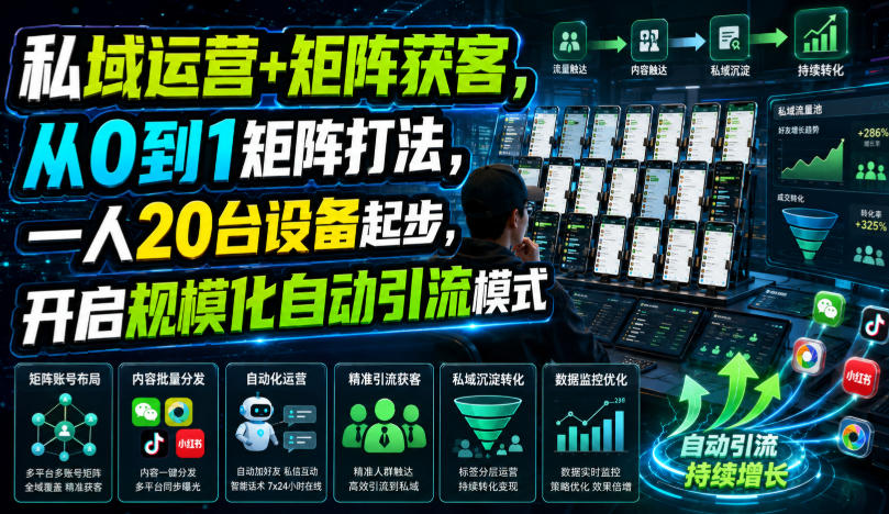 私域运营+矩阵获客，从0到1矩阵打法，一人20台设备起步，开启规模化自动引流模式！-小白项目网