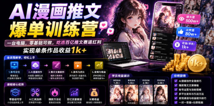 AI漫画推文爆单训练营,一台电脑,零基础可做,吃透百亿推文赛道红利,实现单条作品收益1k+-小白项目网